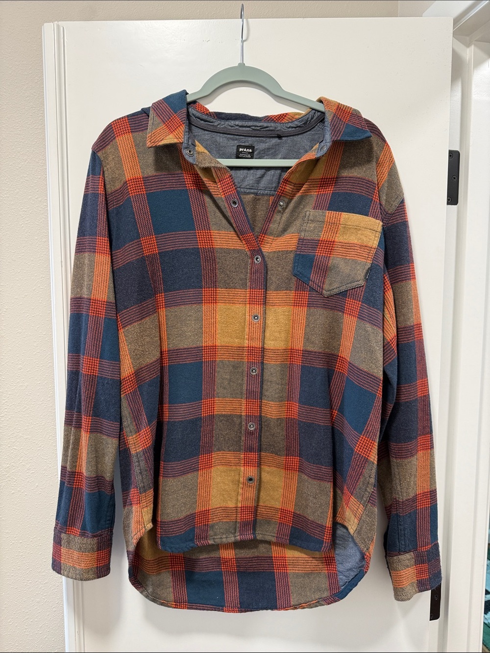 Prana Plaid Button-Down Shirt in Navy, Orange & Brown